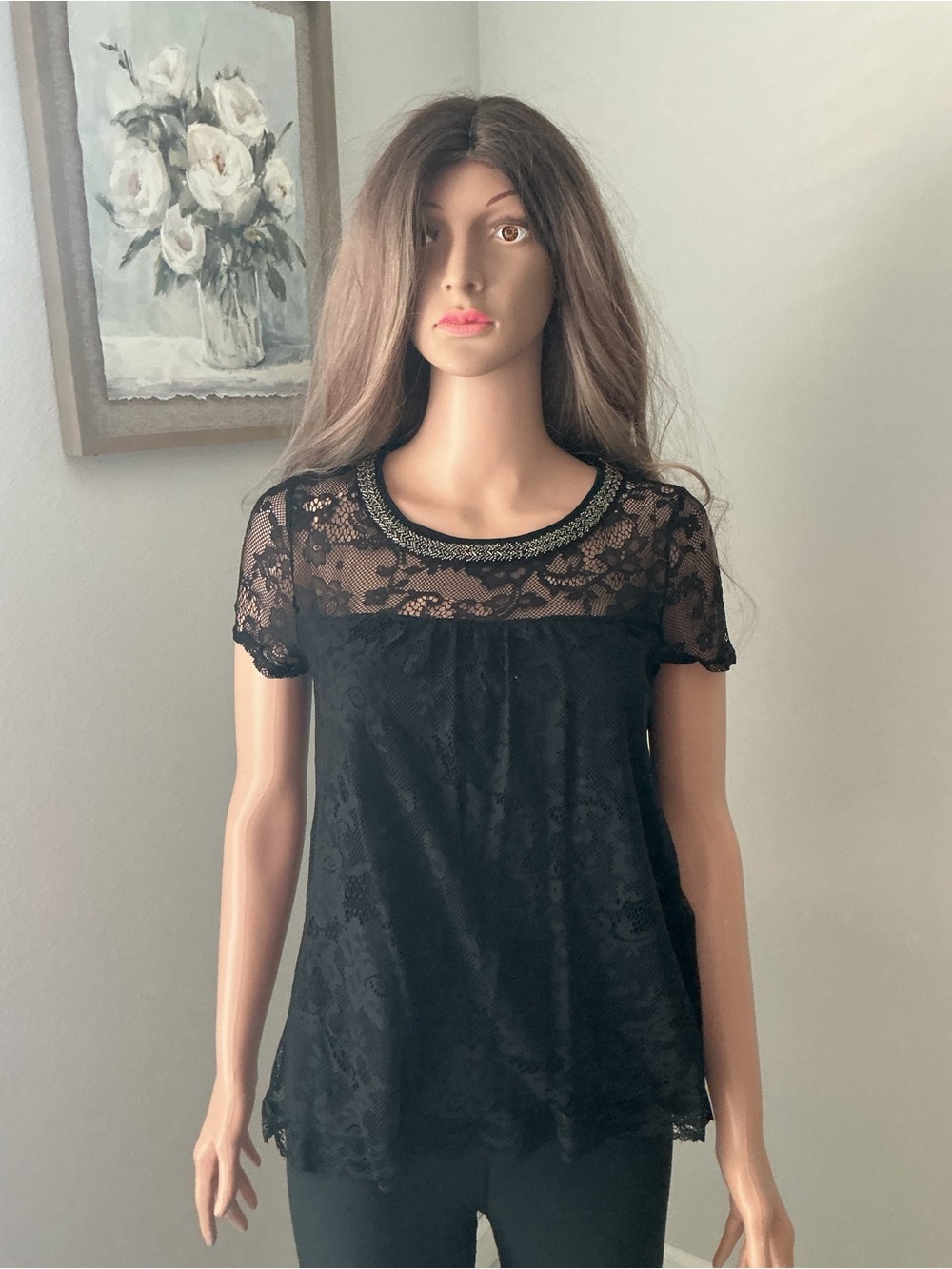 Haute Society Black Lace Short Sleeve Top with Beaded Collar *